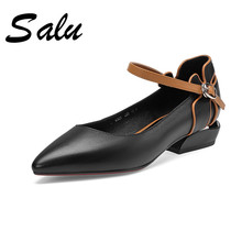 Salu 2020 Genuine leather Women Pumps Shoes Sandals Slip on Med Heels Pointed toe Office Shoes Square Heels Shoes Women 2024 - buy cheap
