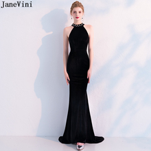 JaneVini-vestidos negros de lujo para madre de la novia, vestido de noche de terciopelo con cuentas y cuello alto, cola de barrido 2024 - compra barato