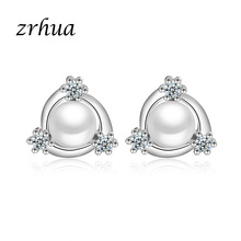 ZRHUA New Stylish Silver Color Pearl Stud Earrings Paved Clear Zircon Stone Shiny Brincos for Women Girls Jewelry 2024 - buy cheap