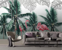 Beibehang Custom wallpaper Nordic hand-painted small fresh tropical plants flamingo TV background wall painting 3d wallpaper 2024 - buy cheap
