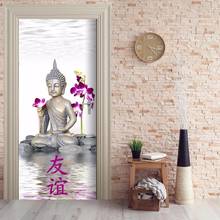 Free shipping 3D buddha with Pretty orchid Door Wall Stickers Bedroom Home Decor Poster PVC Waterproof Door Sticker 77x200cm 2024 - buy cheap