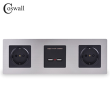 COSWALL-Panel de acero inoxidable de pared, toma de corriente 16A doble, toma de corriente eléctrica de la UE, puerto de carga inteligente USB Dual, salida de 5V 2A, Color negro 2024 - compra barato