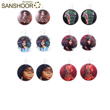 SANSHOOR Impresión de pendientes de madera negros africanos sueño étnico afrocéntrico mujer cabeza como regalo de Navidad 6 pares 2024 - compra barato