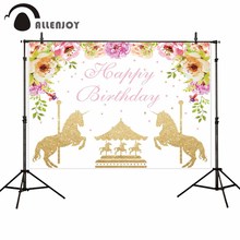 Allenjoy fundo para foto estúdio ouro carrossel festa de aniversário floral fotografia pano de fundo personalizado photobooth tecido 2024 - compre barato