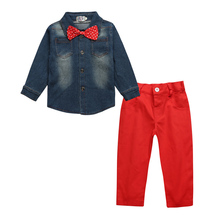 Fashion Boys Denim Shirt + Red Pants 2pcs Clothes Set Brand Children's Costume Boys Jacket With Bow Tie Suits Set Crianca Roupas 2024 - buy cheap
