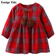 Kseniya-ropa de algodón 2017 para niñas, Vestido de manga larga a cuadros de estilo inglés, con lazo Bola de Pelo, color rojo y amarillo, para otoño 2024 - compra barato