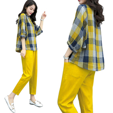 Plaid Set Female 2019 Spring Fashion Plaid Shirt Feet Pants Nine Pants Two-piece Large Size Fashion Set High Quality Casual Set 2024 - buy cheap