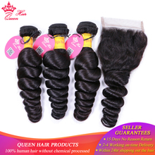 Queen Hair продукты перуанский свободная волна человеческие волосы пряди с Закрытие естественного Цвет # 1B пряди Волосы Remy с закрытием кружева 2024 - купить недорого