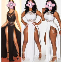 New Lace Black Summer Dress 2016 Fashion White Long Maxi Dress Plus Size Side Open Deep V Neck Beach Women Sexy Club Dress 2024 - buy cheap