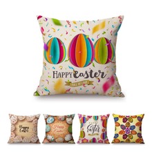 2019 Spring Easter Day Decoration Cotton Linen Sofa Throw Pillow Case Colorful Easter Eggs Poster Hand Drawn Home Cushion Cover 2024 - buy cheap