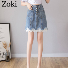 Кружевная мини-юбка Zoki, летняя, Корейская, с высокой талией и одной кнопкой, а-силуэта, элегантная, для вечеринок, 2020 2024 - купить недорого
