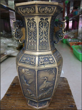 Collectible chinês decorado velho mão-esculpida oito angular garrafa de cobre vaso frete grátis 2024 - compre barato