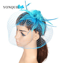Sinamay-sombreros de tocado de boda para mujer, tocados elegantes con tocado de malla, accesorios nupciales bonitos para el cabello, color azul turquesa 2024 - compra barato