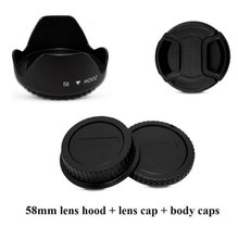 4 in1 58MM Center Pinch Lens Cap + Flower Lens Hood + Camera Body & Rear Lens Cap for Niko D3100 D3200 D5000 D5100 D80 D90 D300 2024 - buy cheap