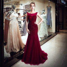 Luxury Dark Red Mermaid Boat Neck Evening Dresses 2019 with Dense Beading Formal Backless Sparkly Engagement Party Prom Gowns 2024 - buy cheap