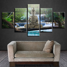 Художественный HD декор с печатью 5 шт. Золотой Будда медитация водопад пейзаж картины модульный холст картины для гостиной стены 2024 - купить недорого
