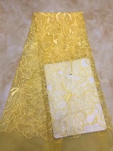 Tela de encaje de tul de color amarillo y dorado, tejido de encaje de lentejuelas africanas, último encaje africano 2018 con lentejuelas de flores 3 d 2024 - compra barato