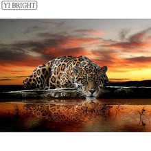 5D DIY Full Square Diamond Painting Cross Stitch Leopard drinking water 3D Diamond Embroidery Rhinestone Mosaic Home Decoration 2024 - buy cheap