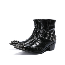 Personalizado Preto Dos Homens De Alta Top Sapatos de Couro de Lazer Moda De Metal Toe Tornozelo Martin Botas Para Homem 2024 - compre barato