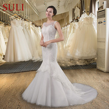 SL-010 Vintage Cheap Lace Pearls Tulle Satin Zipper Chapel Train Mermaid Wedding Dress 2024 - buy cheap