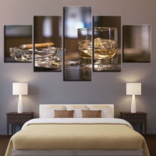 Artwork Canvas Painting HD Prints Home Decor 5 Pieces Wall Art Whiskey Cigar Modular Bedside Background Pictures Frame Poster 2024 - buy cheap