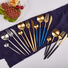 Conjunto de talheres de mesa de luxo, 4 peças, aço inoxidável, revestimento, dourado, azul, preto, faca, garfo, talheres, europeu, ocidental, comida 2024 - compre barato