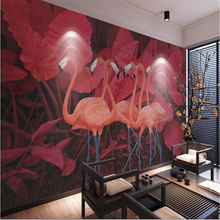 Beibehang-Pintura de pared de fondo de flamenco, hojas de plantas tropicales Rojas, mural grande personalizado, papel tapiz de seda verde 2024 - compra barato