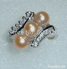 D#S41er>>Real Pink Pearl 3 Beads Crystal silver Plated Ring Size: 6.7.8.9 2024 - buy cheap