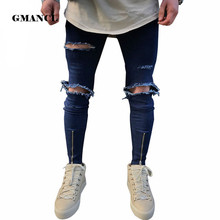 Street Fashion Hiphop Male Slim Fit Jeans Men Knee big Hole Denim Trouser Ripped Beggars Punk Gothic Blue washed Jeans Costumes 2024 - купить недорого