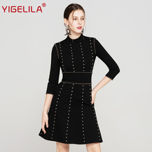 YIGELILA Fashion Women Little Black Dress Autumn Stand Neck Three Quarter Sleeve Empire Slim Knee Length Rivet Dress 64189 2024 - buy cheap