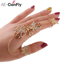 AE-CANFLY Rhinestone Flower Butterfly Full Finger Rings for Women Gold Chian Link Double Armor Ring Wholesale 2024 - buy cheap