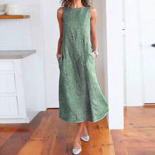 Cotton Linen Stripe Dress Women Casual Sleeveless Dress Pocket Long Dresses Round Neck Loose Dress With Pocket #RN 2024 - buy cheap