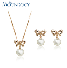 MOONROCY Free Shipping crystal necklace and earrings Rose Gold Color Imitation Pearl Jewelry Set for women 2024 - compre barato