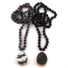 Frete grátis colar feminino com pedras de lava 8mm, pedra de colar longa com nó em branco e preto, pingente de gota, colar para mulheres 2024 - compre barato