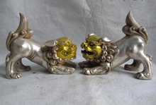 Chinese White Copper Silver Gilt Feng Shui Evil Door Play Fu Foo Dog Lion Pair 2024 - buy cheap