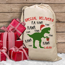 Персонализированные парусиновые подарочные пакеты для детских салатов с динозавром, рождественские мешки с Санта, хлопковые пакеты на шнурке для хранения на день рождения 2024 - купить недорого