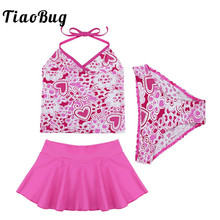 TiaoBug Kids Teens Hot Pink Halter Swim Tops with Briefs Skirt Bikini Set Girls Beachwear Tankini Swimwear Swimsuit Bathing Suit 2024 - buy cheap