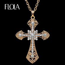 FLOLA Brand New Gold Cross Pendant Necklace for Women Men Long Chain Rhinestone Necklace Pendants Hip Hop Jewelry Gifts nkee32 2024 - buy cheap