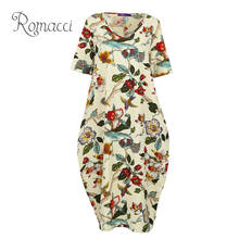 Romacci 2020 Long Maxi Beach Summer Dress Women Vintage Birds Floral Print Dress Cotton Pocket Boho Casual Loose Plus Size Dress 2024 - buy cheap
