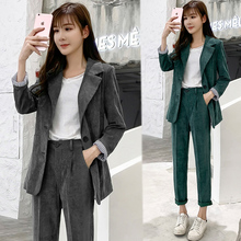 Solid color corduroy suit suit women's wild fashion single-breasted small suit high waist small feet pencil pants Slim two-piece 2024 - buy cheap