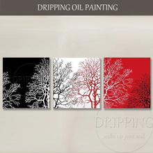 Pintura a óleo abstrata de árvores, pintada à mão, 3 peças, tela, pintada à mão, preto e branco e vermelho, pintura a óleo para sala de estar 2024 - compre barato
