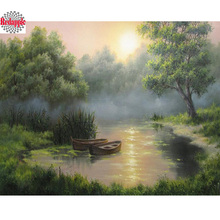 Pintura diamante lago barco imagem por números alvorada paisagem sol faça você mesmo bordado floresta broca mosaico strass pintura 2024 - compre barato