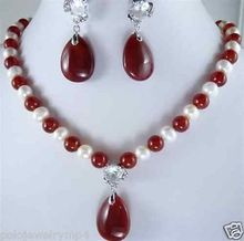 Women's gift Jewelry word Zircon Crystal Natural Fine Jewelry White Pearl & Red stone crystal pendants Necklace Earring Set AAA 2024 - buy cheap