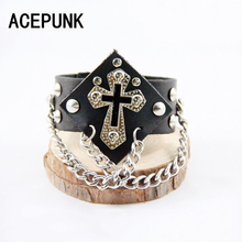 Punk Cross Black Leather Bracelet Men Wristband Rock Wide Cuff Bangles Rivet Metal Chain Bracelets For Women Adjustable Size 2024 - buy cheap