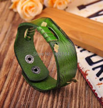 Pulsera de cuero genuino para hombre, brazalete con forro y contraste, color verde, fresco, nuevo 2024 - compra barato