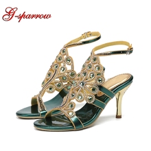 Green Crystal Women Summer Sandals Open Toe Rhinestone Birthday Party Shoes Wedding Bridal Sandals Silver Gold Bridesmaid Shoes 2024 - buy cheap
