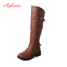 Aphixta Large Size 43 Knee-High Women Long Boots Shoes Woman Buckle Leather Square Heeled Boots Heel Round Toe Short Plush Boots 2024 - buy cheap