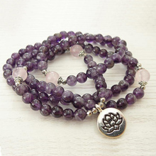 Amethysts & Rose Q-uartz Mala Necklace 108 Mala Beads Wrap Bracelet Yoga Gifts For Women Flower Lotus OM Lovely Jewelry Women 2024 - buy cheap