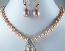 Free shipping .238 Genuine Pink Pearl 18KWGP Clasp Flower Pendant Necklace Earrings Set 2024 - buy cheap