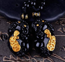 Beautiful Chinese Natural Black Obsidian Carved 18 Gold Coin PiXiu Pairs Lucky Amulet Pendant +free Necklace fashion Jewelry 2024 - buy cheap